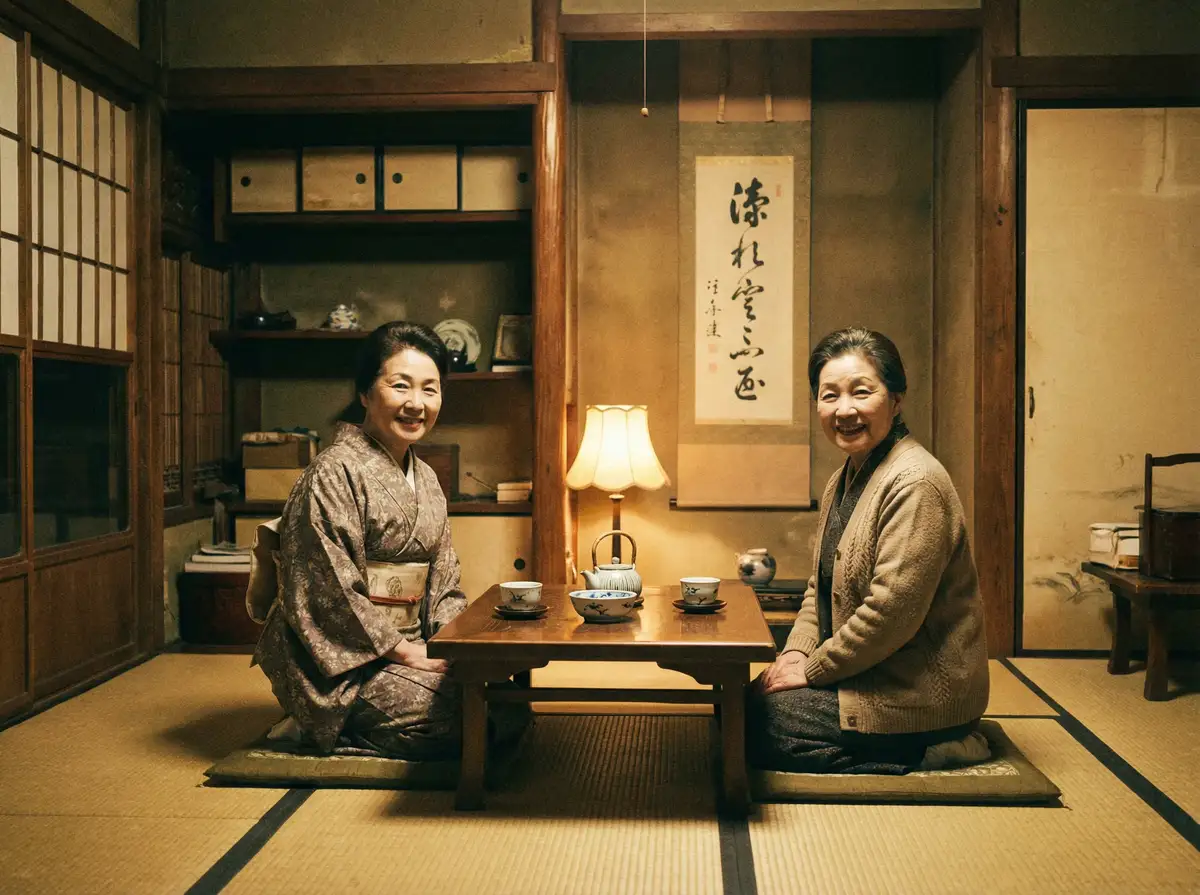 两位优雅的 最初体育网平台 在日式茶室中品茶交谈